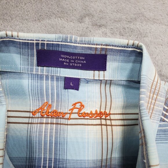 Alan Flusser Button Down Long Sleeve Plaid Shirt Blue Brown White Mn Sz L - Picture 3 of 10
